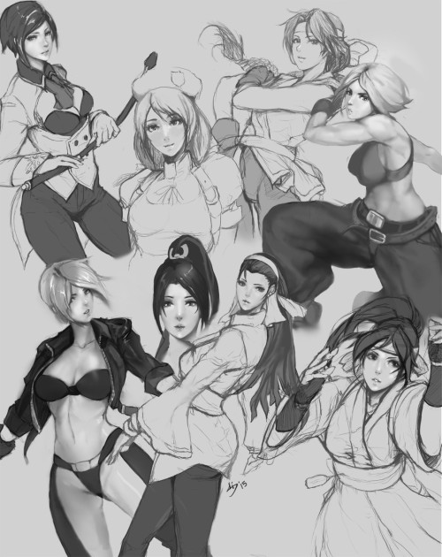 scrubbyink:  Been stuck in a practice vortex since my last post. Here are some of the ladies from The King of Fighters to make up. Drawn in order was Hinako , Yuri, Elizabeth, Kazumi, Chizuru, Angel, Mai (floating head lol), and Blue Mary last. Trying