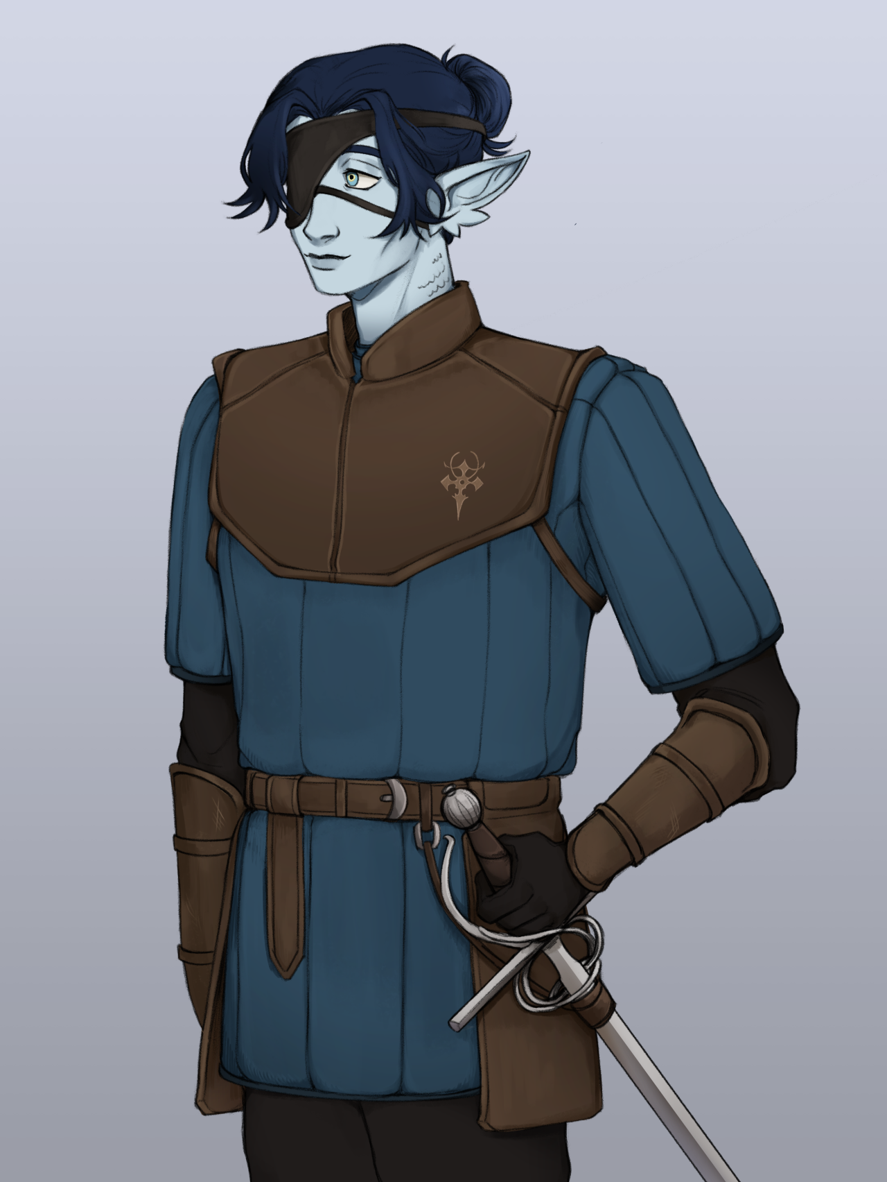 This is a digital illustration with colours. On a grey background, a masc presenting character with pale blue skin holds his rapier to his side.  He has long and pointy elf ears, fish scales on his neck, and dark blue hair tied into a bun. He is smiling and seems relaxed.  He is dressed in a simple leather armour, with leather covering his arms, upper torso and lower backside and with a blue gambeson under it protecting his body. An eyepatch covers one of his eyes.