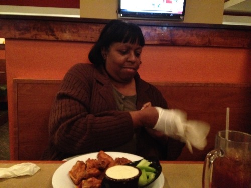 rainbowraconteur:  That time my mom made the waitress give her a pair of gloves to eat her wings so she wouldn’t mess up her nails. 