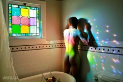 nakedartisan:Remember that bathroom I was painting? Well, at a certain time in the AM, the sun shines through the stained window and makes this cool rainbow. I had too… =) 