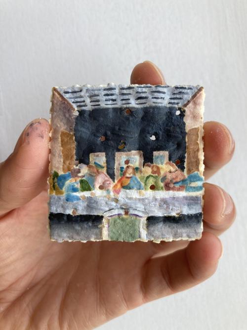 hislittleflower-throughconcrete:chewedcorn:  christ on a cracker (the last supper, oil on saltine)   I don’t know why, but reading “oil on saltine” just sent me