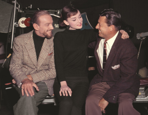 Audrey Hepburn chatting with Fred Astaire and producer Roger Edens on the set of &ldquo;Funny Face&r