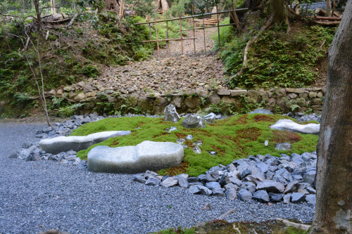 This rock and moss garden near Anrakuji Temple in Kyoto deviates from tradition by including pillars