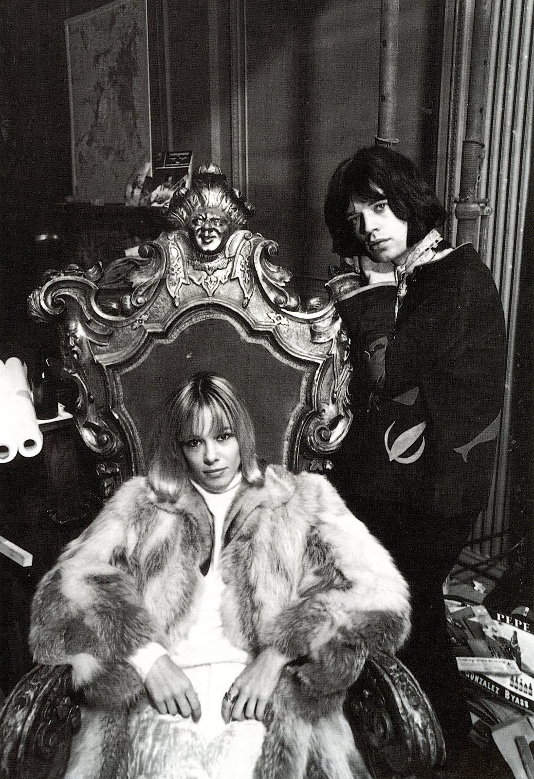 thegoldenyearz:  Anita Pallenberg and Mick Jagger on the set of Performance, 1968.