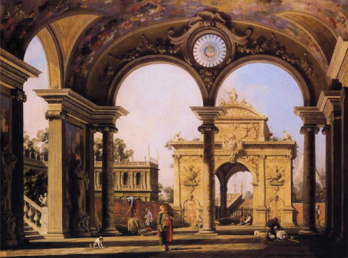 Capriccio of a Renaissance Triumphal Arch Seen from the Portico of a Palace, Canaletto, 1753-55