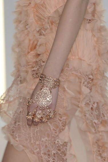 Trend Spotting: Jeweled Gloves
Alexander McQueen did it again! He brought back the glove, but as jewelry! I can’t get enough of this piece and hope to see this incorporated into bridal soon!
Give me time and I’ll give you a revolution ~McQueen