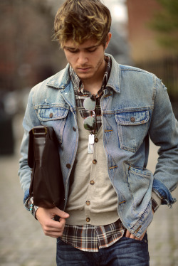 pretaportre:  Adam Gallagher [I am Galla] in an Ambig jean jacket, Viparo brown plaid top, H&amp;M cream cardigan, Aldo dogtags, 80s Purple sunnies, and Doctrine Denim jeans. 