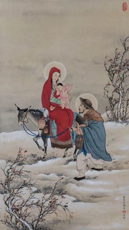 The Flight into Egypt (逃往埃及). Ren Yifang (任懿芳). Ink and color on silk. Early 20th century.On display
