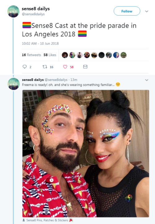 “Sense8 Cast at the pride parade in Los Angeles 2018 Freema is ready! oh, and she&rsquo;s wearing so