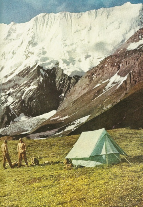 Camping in a meadow in the Crest of TrishuliNepal1952