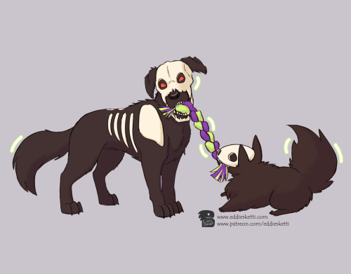 My friend’s hellhound Toby (big) and Maru the ghost dog from Grim Café (smol). She sent me a s
