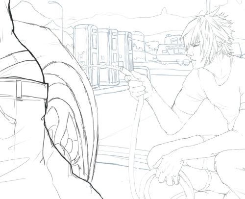 p2ndcumming:  rum-locker: Here’s a lil surprise in progress. Now with Noctis, pondering his life as a background in my art, and Ignis.  Boys   regretting it, but they also need quick cash and want to help Prompto, but still regretting it.  Final update