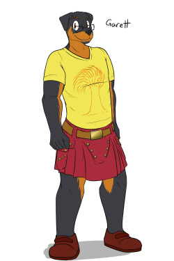 Rottweiler side-character - Garett Not entirely sure what I&rsquo;ll use him for, but he wears a utilikilt, which should explain is personality fairly well.  First thought is to bring him on later as a potential side character for Casey&rsquo;s route,