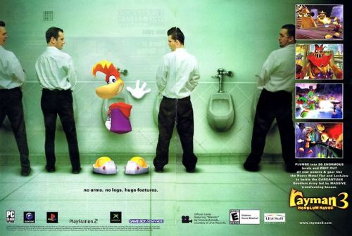 ottermatopoeia:joshpeck:oldgamemags:‘Rayman 3′ - No arms, no legs, huge features. @Ubisoft   oh abso