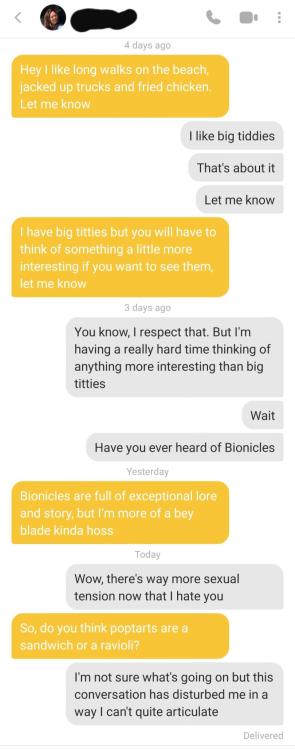 tinderfinds:I tried to banter and left feeling like an empty shell of a man I laugh, I share