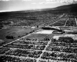 losangelespast:  Aerial view on a remarkably clear day in Los Angeles, looking west at Gilmore Field, home of the Hollywood Stars, 1930’s or 40’s. The Pacific Ocean and Santa Monica Mountains are clearly visible in the background.