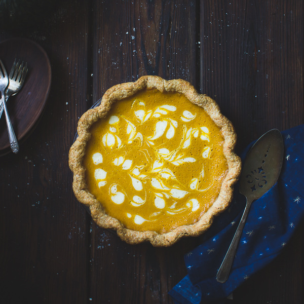 sweetoothgirl:  Pumpkin Buttermilk Pie with a Crème Fraîche Swirl {Gluten-Free}