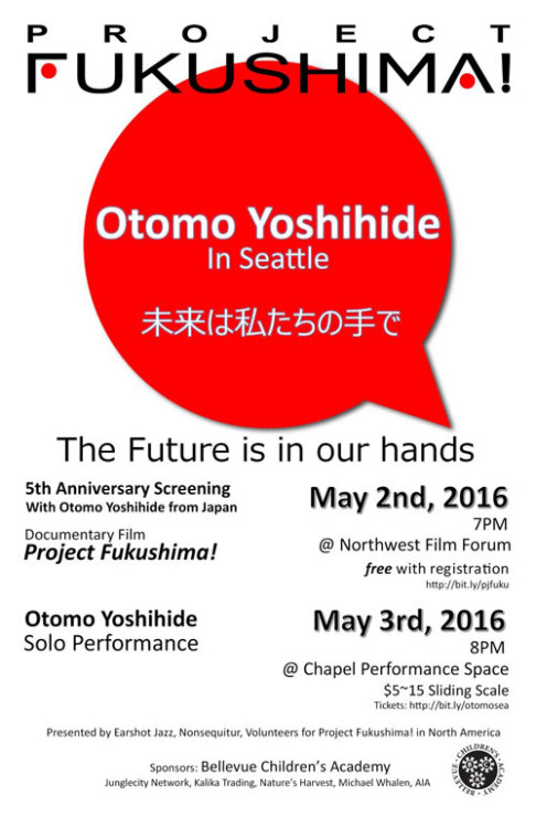 Otomo Yoshihide Solo Concert & “Project Fukushima!” Film Screening
Marking the five-year anniversary of the earthquake and tsunami that hit eastern Japan, Earshot Jazz, Nonsequitur and Volunteers for Project Fukushima! In North America are proud to...