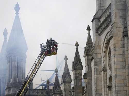 Nantes Cathedral (est. 1434) in fire.> Photo: Stephane Mahe.