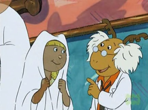 here’s george dressed as a mad scientist talking to a ghost child dressed as a ghost for your 