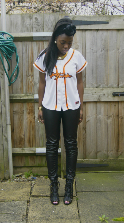 blackfashion: Baseball shirt: Gogo vintage leather trousers: Zara  Lace-up boots: river is