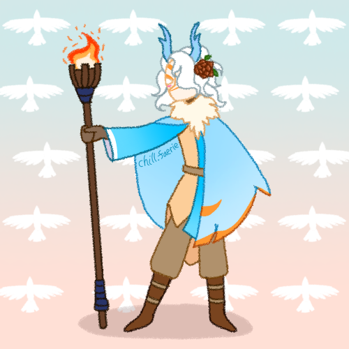A digital drawing of a sky kid from Sky children of the light. Their hair is long and messy, they wear a white deer mask, a blue cape with gold accents, a blue tunic with loose sleeves, brown pants and boots. They stand proudly as they hold a burning torch.