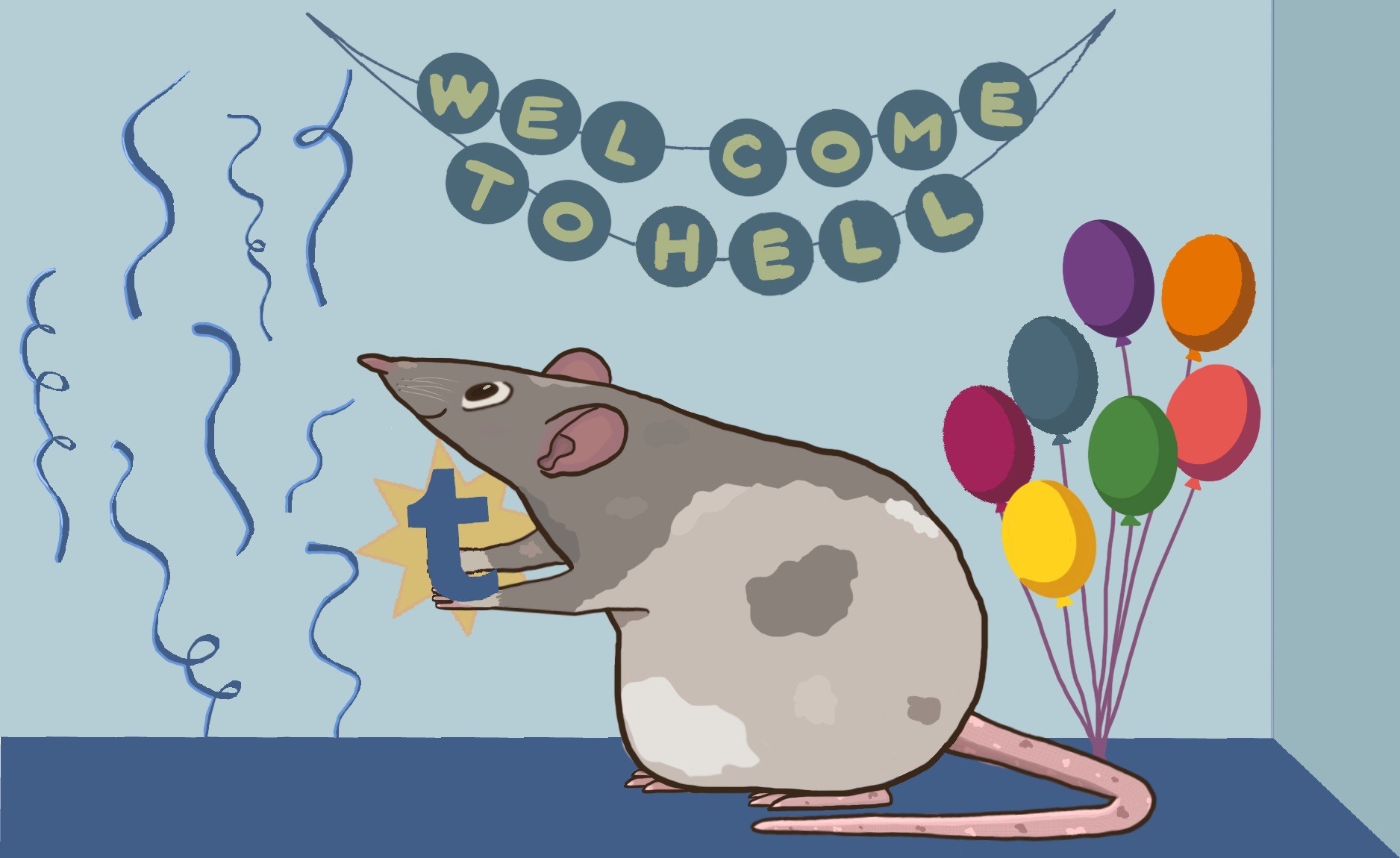 Rat holding the tumblr "T", streamers in the air, balloons, and the banner from the RE2 remake that says "welcome to hell"