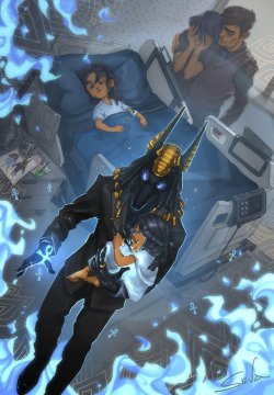 urumiya:this one’s for an art battle, the theme was ‘Anubis’. It was rather ambitious work for me (5 characters, perspective, composition, full colour, even some fx and zero flying heads can you imagine)