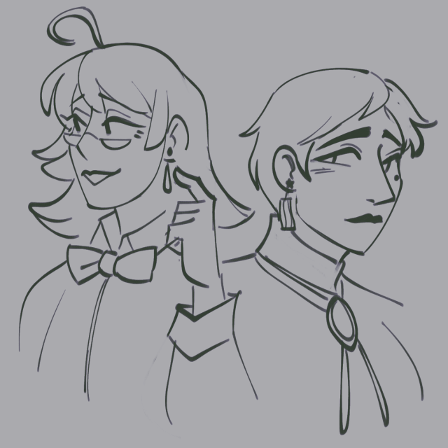 Seb and Fran portraits, facing opposite directions. Seb talks while fiddling with their earring, teardrop-shaped, likely a gift from a certain other prosecutor. Franziska blushes as she glances over to watch her.