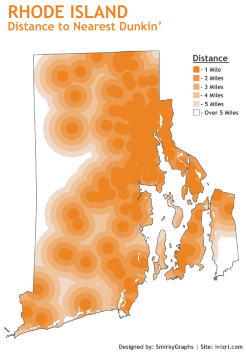 mapsontheweb: Rhode Island - Distance to Nearest Dunkin’