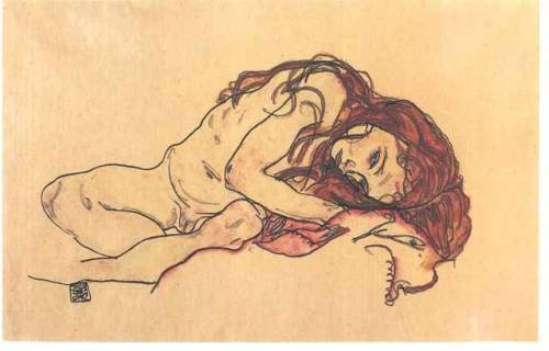 (tw: allegations of incest and sexual abuse)Crouching female nude with bended head by Egon Schiele, 