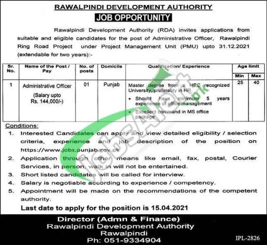 Rawalpindi Development Authority RDA Jobs 2021
