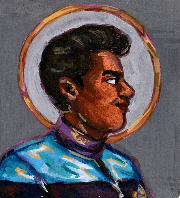 A gouache painting of Julian Bashir from Star Trek. He's seen in profile, facing right, and he's smiling. The colors in the drawing - especially his uniform - are vibrant. The drawing itself is on a gray background, with a shiny gold ring behind the character's head. End ID.