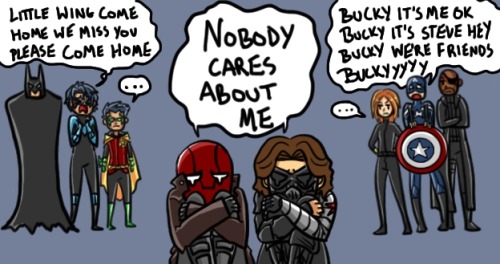 dapandabanda:  In which I saved these doodles on my computer as “Kindred Spirits” and bummed myself out a bit. For the anon that requested a meeting between the Winter Soldier and a Robin. I figured Bucky and Jason would be able to relate to each