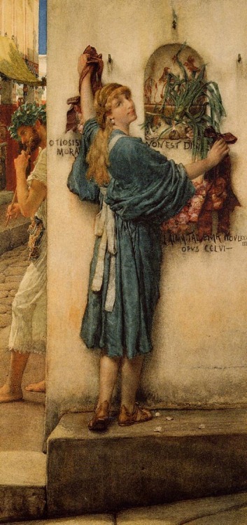 arjuna-vallabha:A Street Altar by Sir Lawrence Alma Tadema, 1883.Behind the woman a inscription read