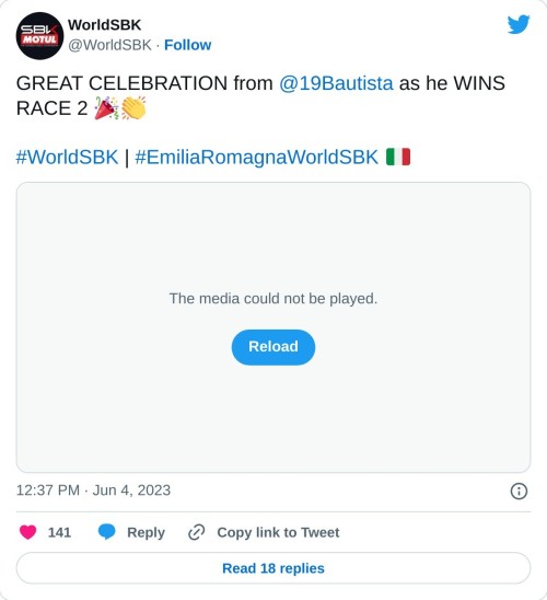 GREAT CELEBRATION from @19Bautista as he WINS RACE 2 🎉👏#WorldSBK | #EmiliaRomagnaWorldSBK 🇮🇹 pic.twitter.com/9IfiZIOGJ1  — WorldSBK (@WorldSBK) June 4, 2023