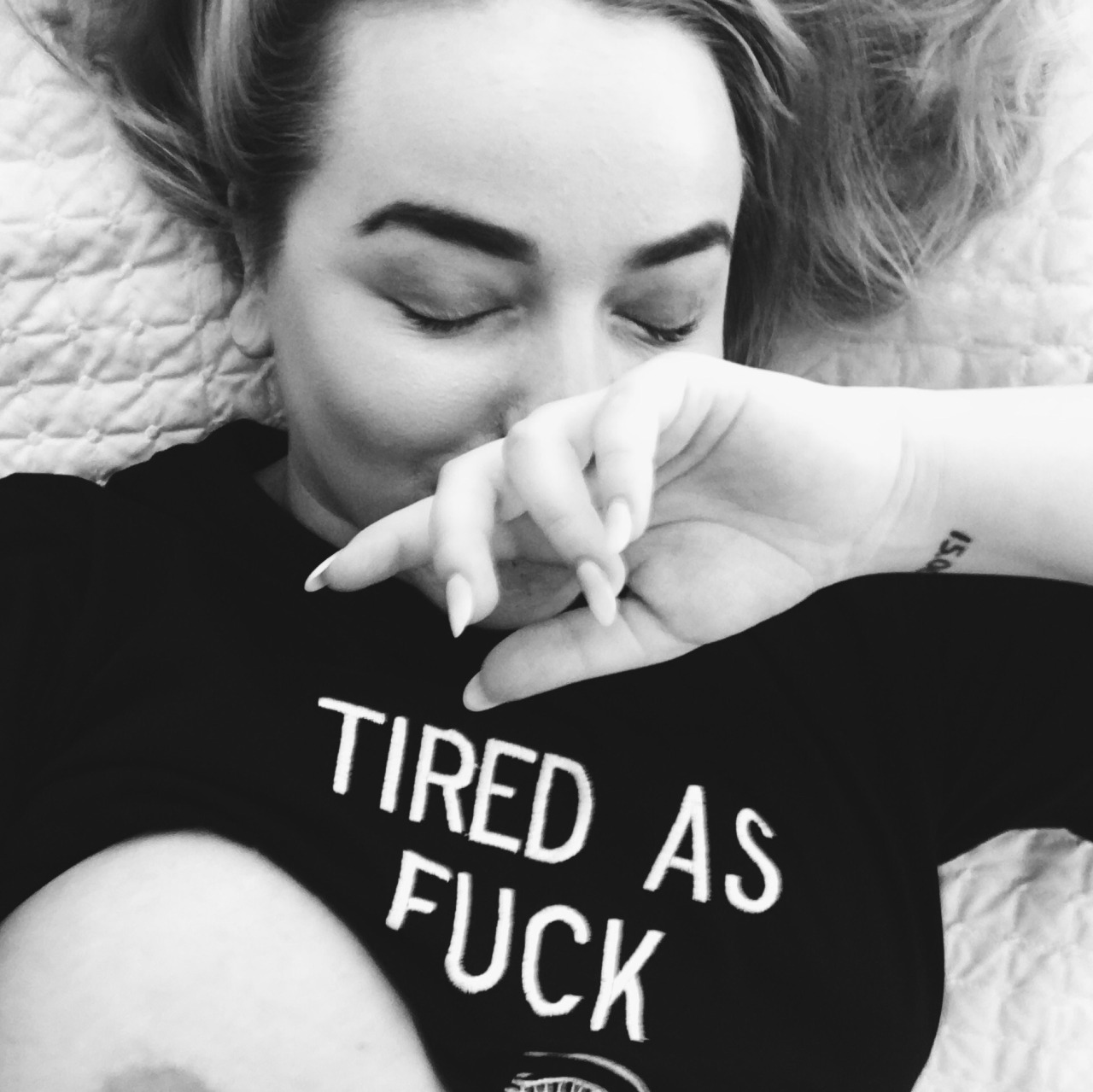 amyleemcg:  TIRED AS FUCK  Tee by @modernmannersstudios  ig: modernmanners 