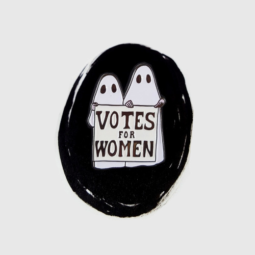 spooky suffragette pins, still up on my etsy if you want one before halloween: https://www.etsy.com/