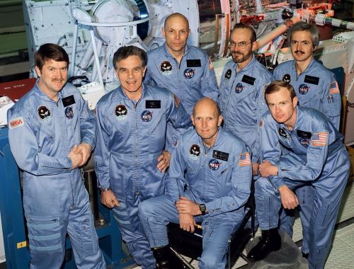 Crew of STS-51-F - the second mission (of six) for Story Musgrave (centre back), the only astronaut 