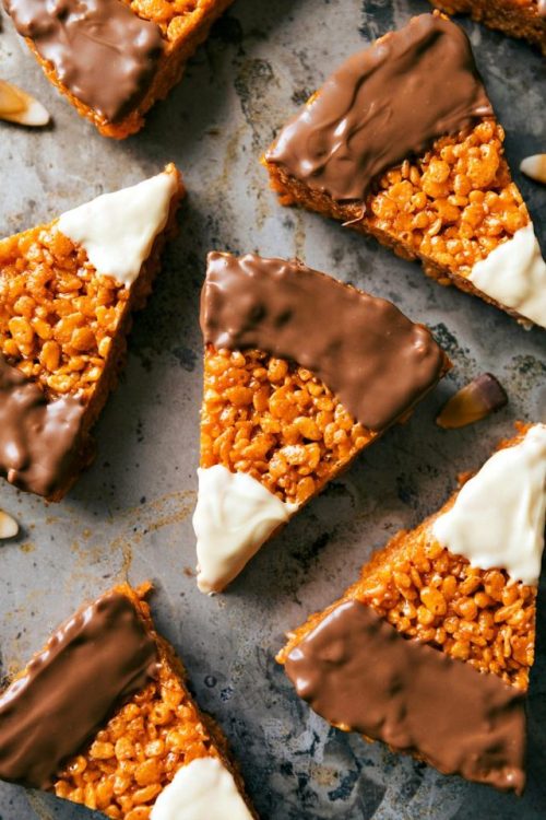 sweetoothgirl:  Chocolate Covered Peanut Butter Candy Corn Krispie Treats