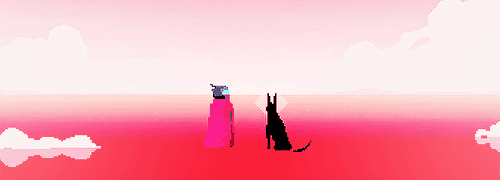 A GIF of The Drifter and The Dog, who are standing the middle of red shallow water in an empty landscape. The Dog is all black and it has a transparent diamond-shaped halo around its head. Mist on the red water drift away from The Drifter and The Dog as giant pillars in the distance rise into the sky.