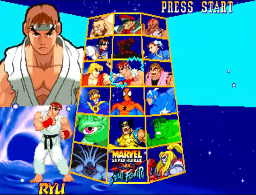 characterselectscreens:Marvel Super Heroes vs. Street Fighter | Capcom | Arcade/Saturn/PS1 | 1997