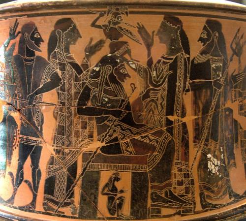 Birth of Athena. Attic exaleiptron (black-figured tripod), c. 570–560 BC. Found in Thebes, by the so
