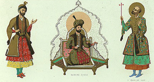 Historical costumes of Georgia illustrated by Grigory Gagarin in 1880s;Queen Tamar of Georgia and Ki