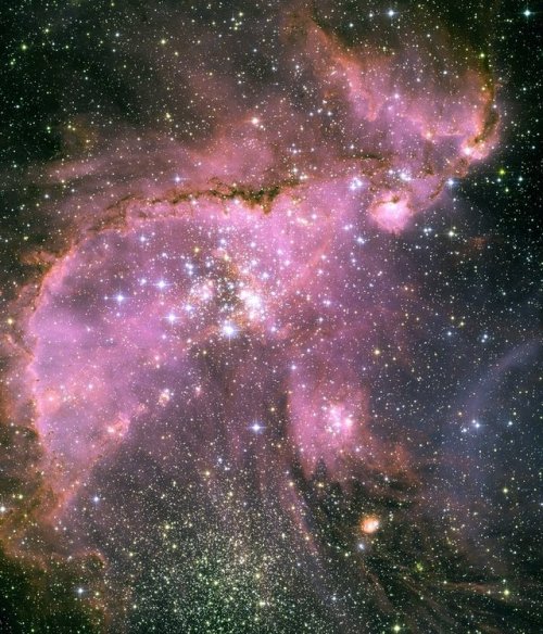 A torrent of radiation from the hot stars in the cluster NGC 346, at the centre of this Hubble image