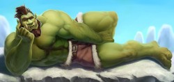 majinorc:   A little collab betweenAlpha0 (painting) and   hogswild (linework). It’s an orc from Bonfire and the banner for his newly created patreon  project, which should truly have been called Naked Orc Simulator. A playable demo is on his patreon
