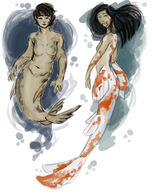 littleredhairedrobin:  besides-itstoowarm:  Chubby Inuit mermaids with sleek seal tails Sleek Japanese mermaids with orange and white koi bodies Dark, scaly mermaids with enormous white eyes so that they can hunt at the bottom of the sea Small mermaids
