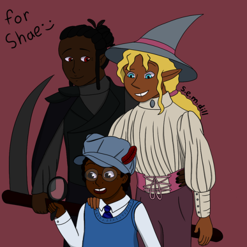 [ID: a drawing of kravitz, taako, and angus standing together. kravitz is a man with dark brown skin