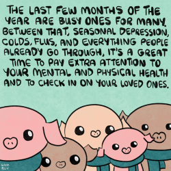 positivedoodles:  [Drawing of five pigs in scarves with a caption that says “The last few months of the year are busy ones for many. Between that, seasonal depression, colds, flus, and everything people already go through, it’s a great time to pay