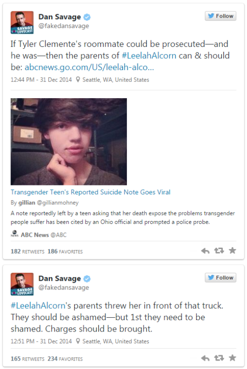 TW for suicideDan Savage: Parents Of Trans Teen Leelah Alcorn ‘Threw Her In Front Of That Truc